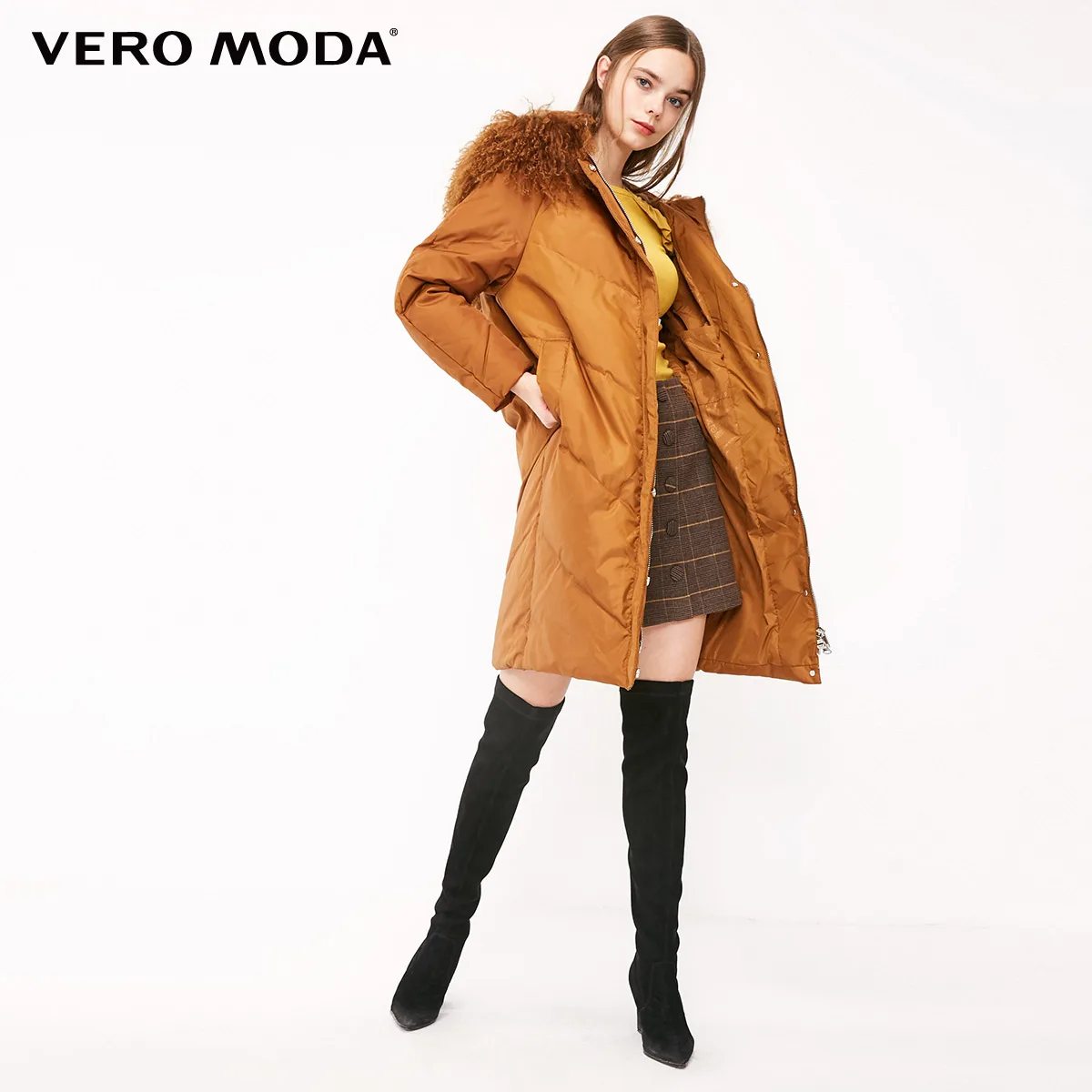 Vero Moda Женская 90% белая куртка-пуховик на утином пуху с воротником из овечьего меха с капюшоном | 318412556 - Цвет: Burnt caramel