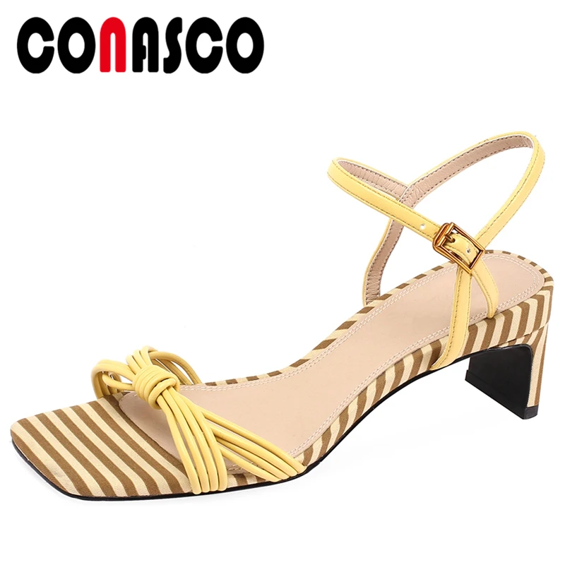 

CONASCO 2021 Summer New Striped Women Sandals Pumps Fashion Concise Narrow Band Casual Genuine Leather High Heels Shoes Woman