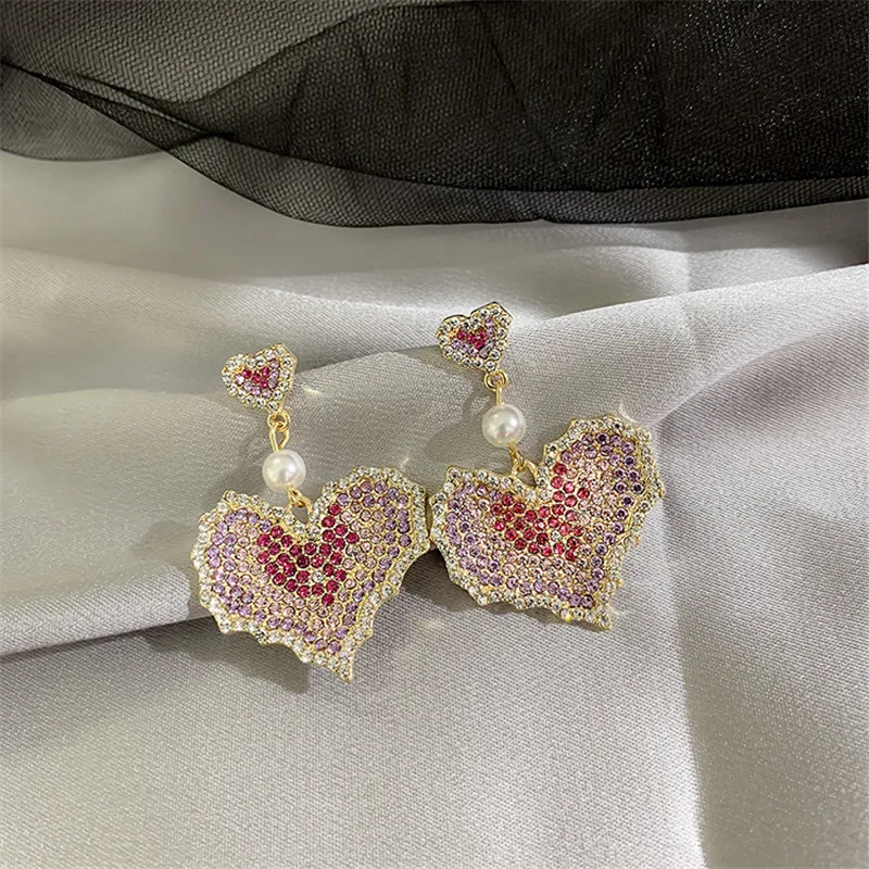 FYUAN Пурпурное сердце с украшением в виде кристаллов висячие серьги женские