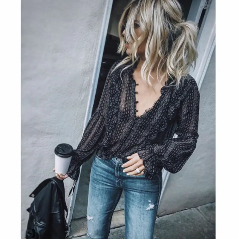 2019 рубашка в стиле ретро женские черные Boho офисные повседневные воздушные шары с
