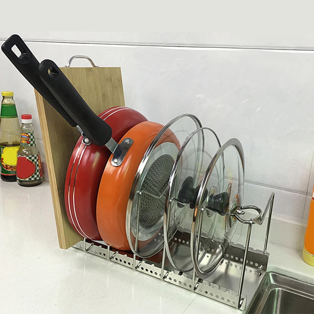 

Adjustable Pot Lid Rack Pan&Cutting Board Holder Stand Kitchen Organizer Dual Racks Chopping Board Shelf Stainless Steel Silver