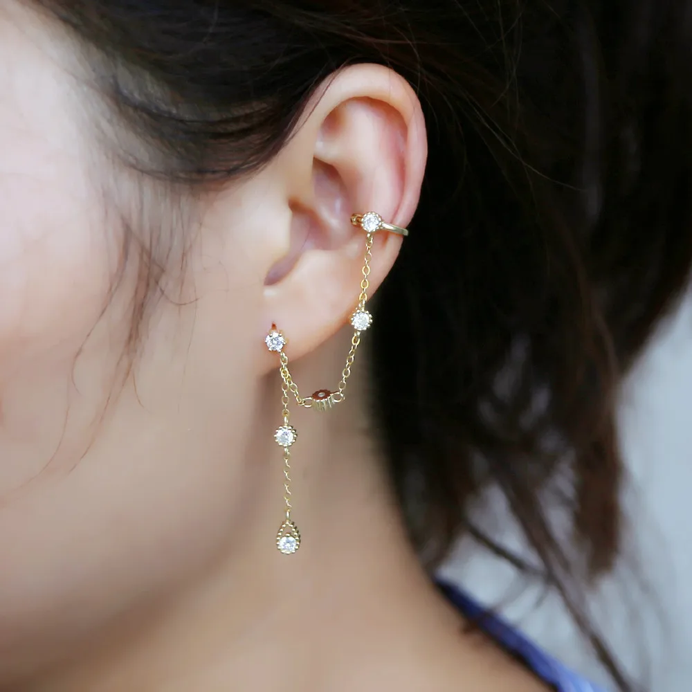 

2020 tassel chain earring elegance women jewelry round bezel cz geometric charm ear cuff stud gorgeous ladies S925 jewelry