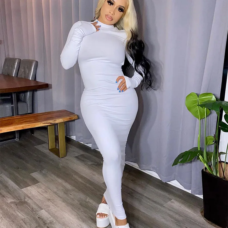 

Sexy Dress for Women 2021 Solid High Neck Long Sleeves Long Backless Maxi Femme Elegant Party Dresses DROPSHIPPING