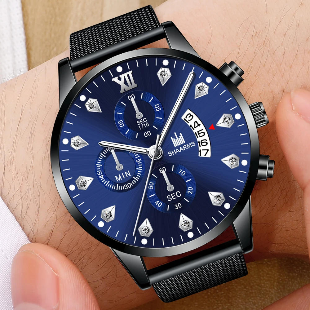 Часы наручные мужские кварцевые с сетчатым браслетом люксовые модные деловые