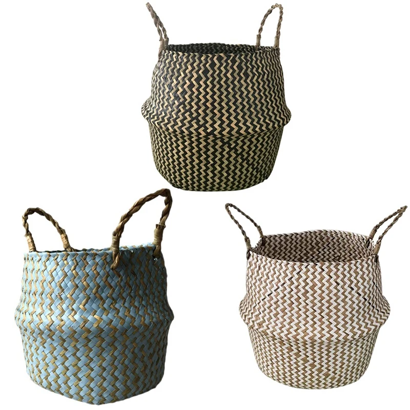 

Portable Foldable Natural Seagrass Woven Storage Basket With Handle For Home Decorations Plant Pot Clothes Toys Picnics