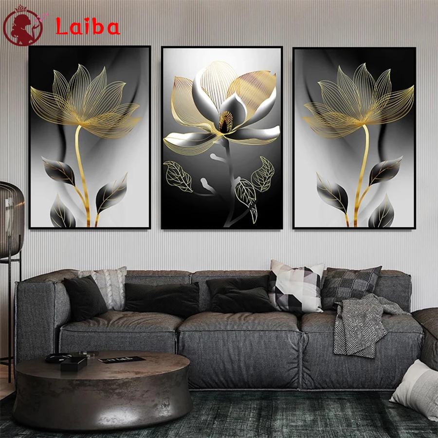Pintura de diamante abstracto negro flor dorada, punto de cruz, mosaico de diamantes, imagen bordada, artesan&iacute;a con cuentas de cristal, 3 uds.-0