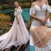 2021 luxury off the shoulder wedding dresses v neck beading straps 3d flowers appliques open back bridal gowns robe de mariee