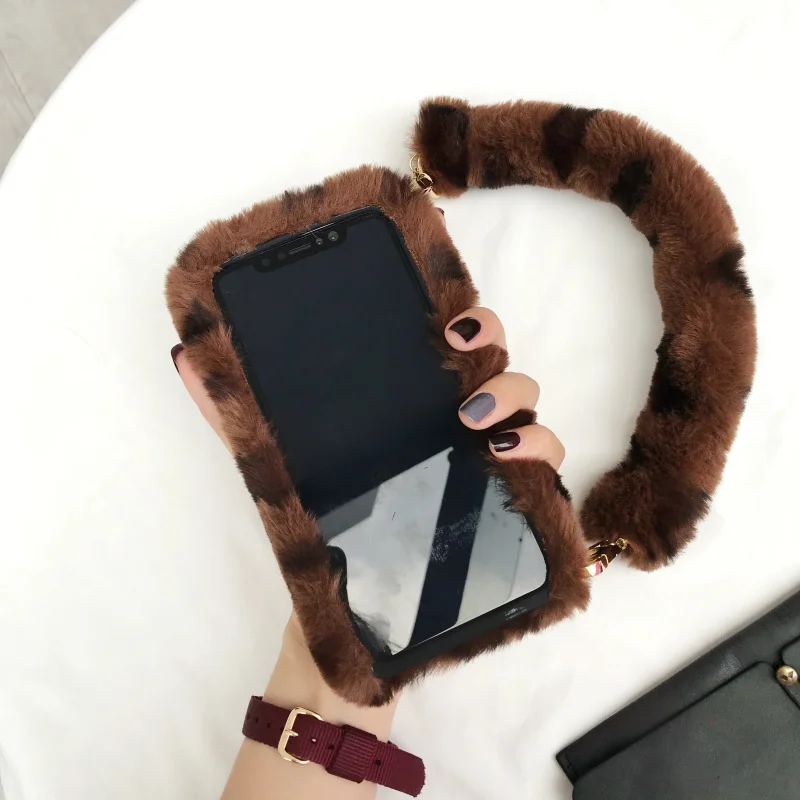 

For iphone 11 Pro warm case luxury leopard print plush fluffy crossbody chain phone bag for iphone XS MAX XR X 6S 7 8Plus