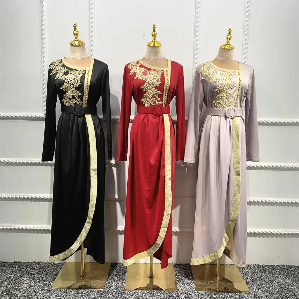 

Muslim Embroidery Abaya Belt Full Dress Vestidos Cardigan Kimono Vetement Long Robe Gowns Jubah Middle East Eid Ramadan Islamic