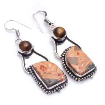 

Подлинный Леопард шкура, яшма Серебристые Многослойные медные серьги, 60 мм, E6105