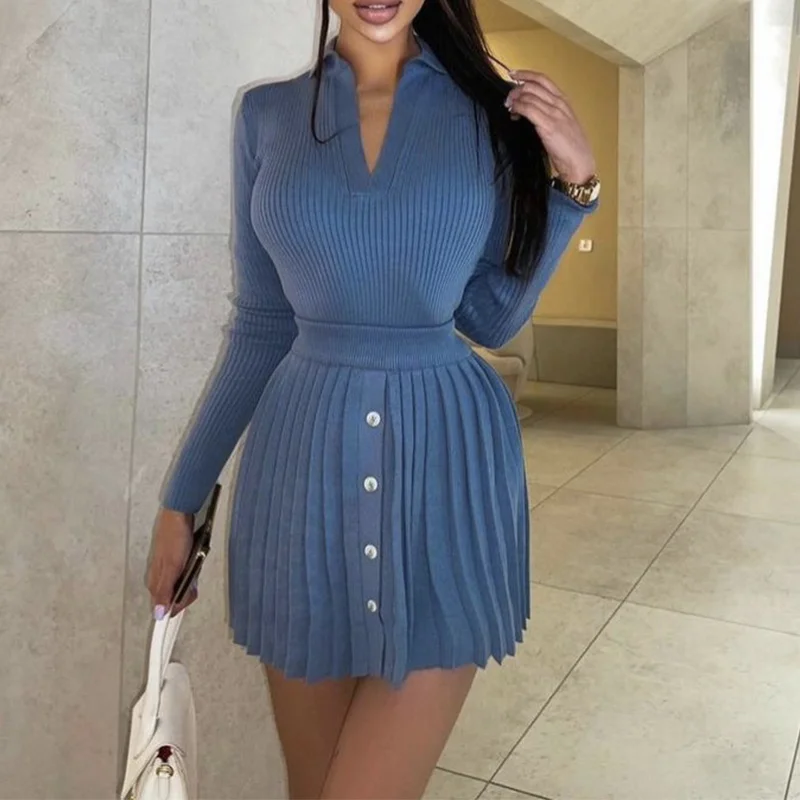 

New Autumn and Winter Women's Pure Color Polo Long Sleeve Top Pleated Short Skirt Fashion Casual Knit Two-piece Set