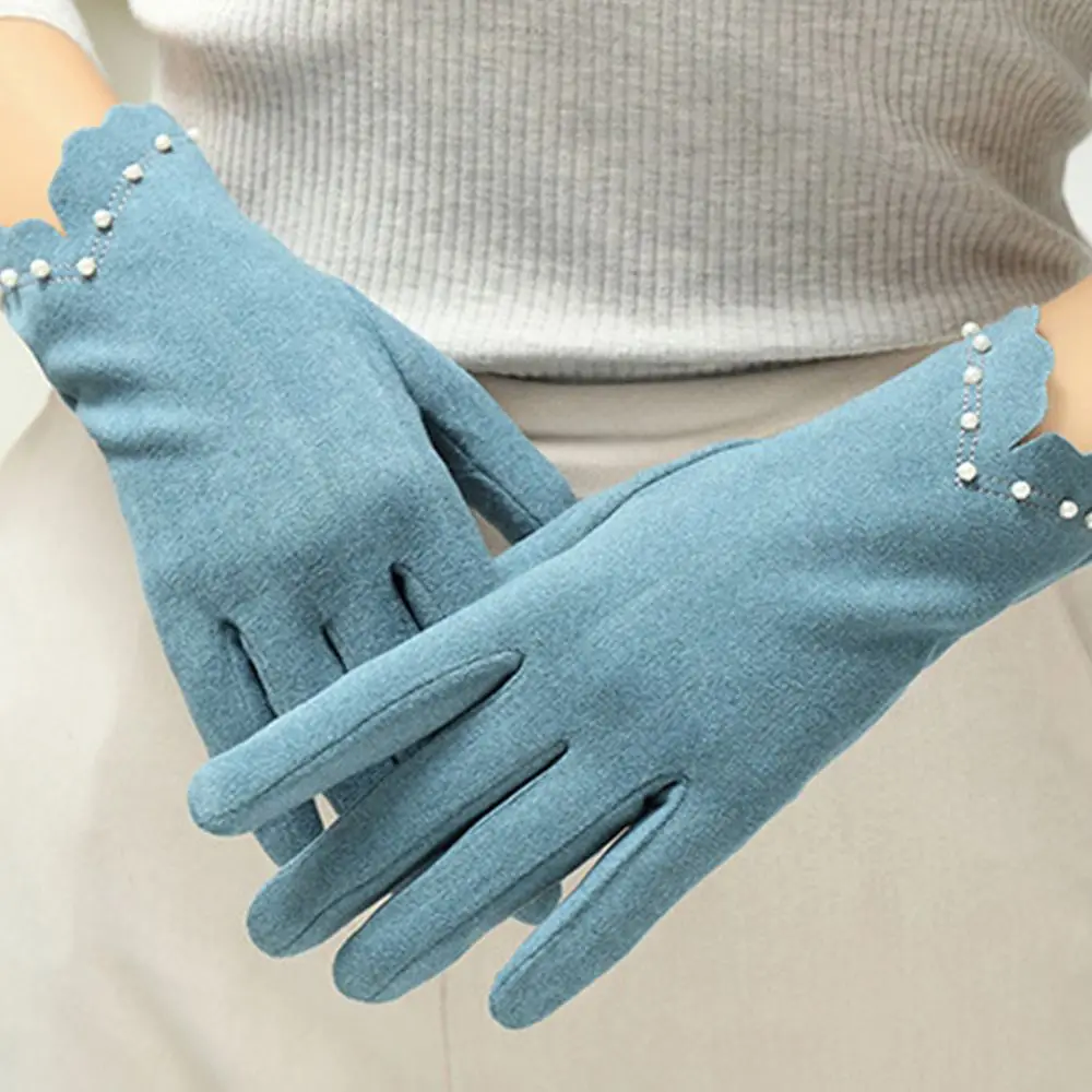 

Однотонные женские перчатки для велоспорта на открытом воздухе с защитой от холода и жемчугом, варежки в немецком флисе в Корейском стиле, п...
