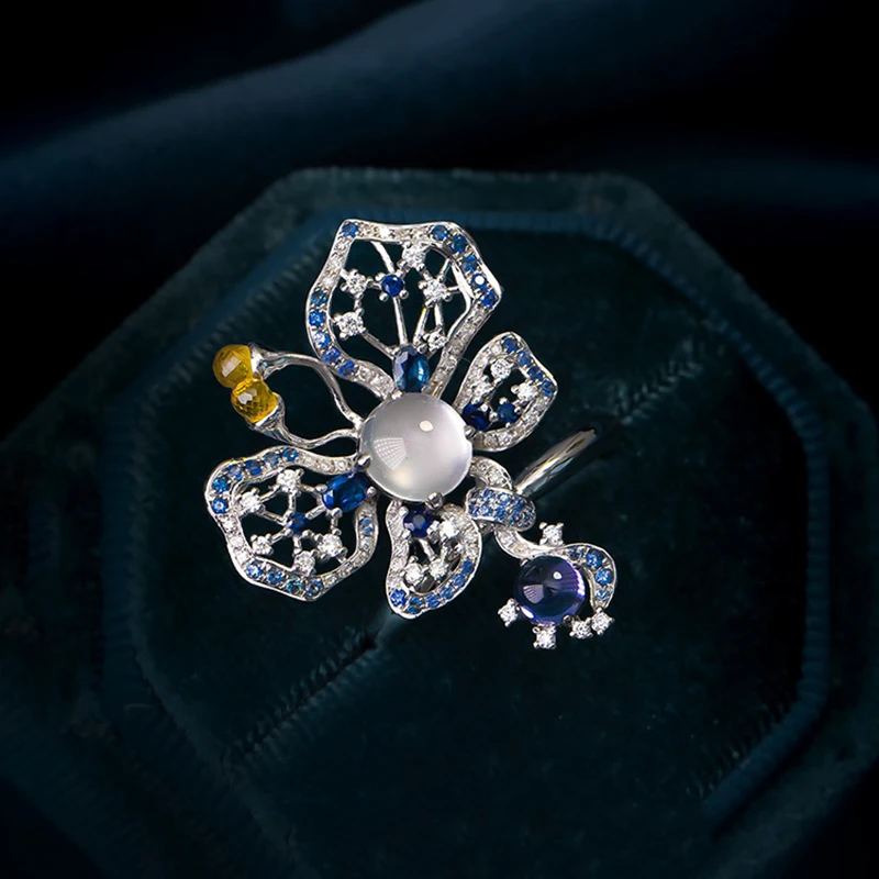 

Women's Fashion Blue Stone Jewelry 925 Silver Butterflies White Jade Open Ring Wedding Engagement Accessoires Gifts Hot Sales