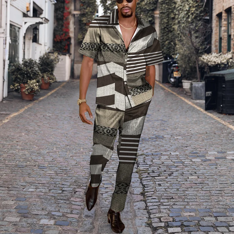 

2022 Summer Fashion Men Striped Sets Streetwear Lapel Short Sleeve Shirt Patchwork Pants 2 Pieces Loose Men Casual Suits 4XL