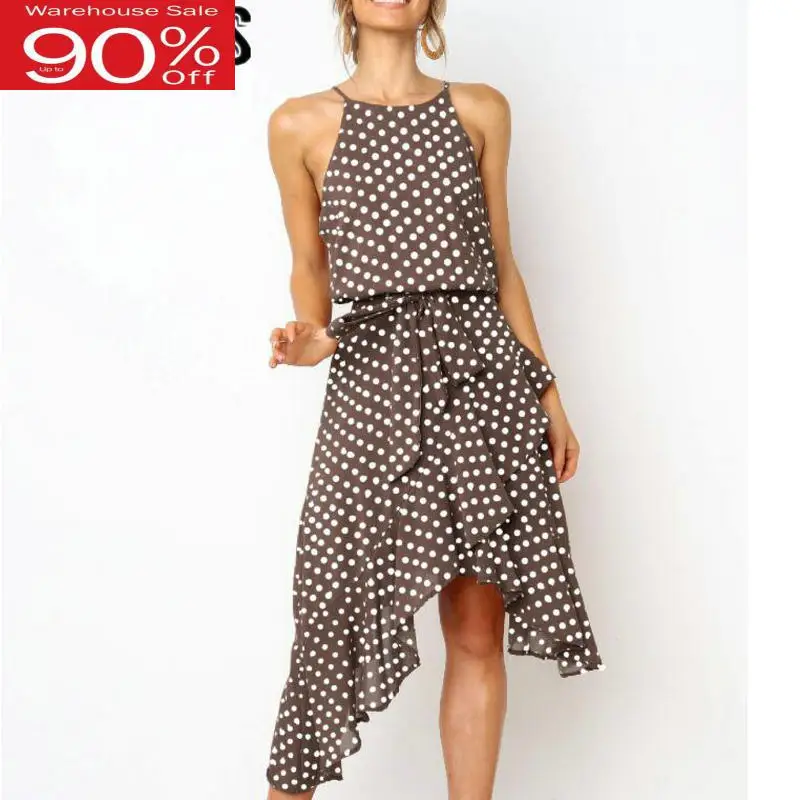 Женское асимметричное платье миди в горошек с поясом и оборками винтажные платья