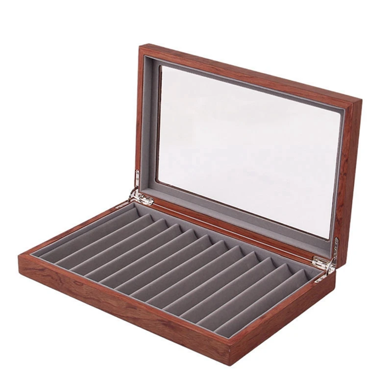 

Retro Pen Storage Display Box Glass Top Lockable Pen Holder Storage Box Pen Display Tray 12 Slots