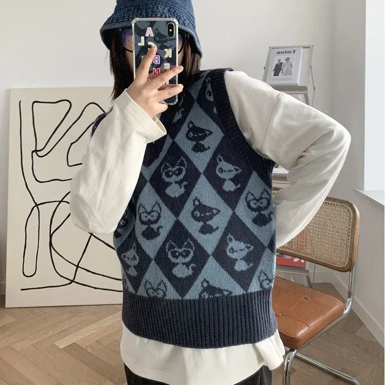 Женский трикотажный жилет koshiki милый жаккардовый свитер с котом и V-образным