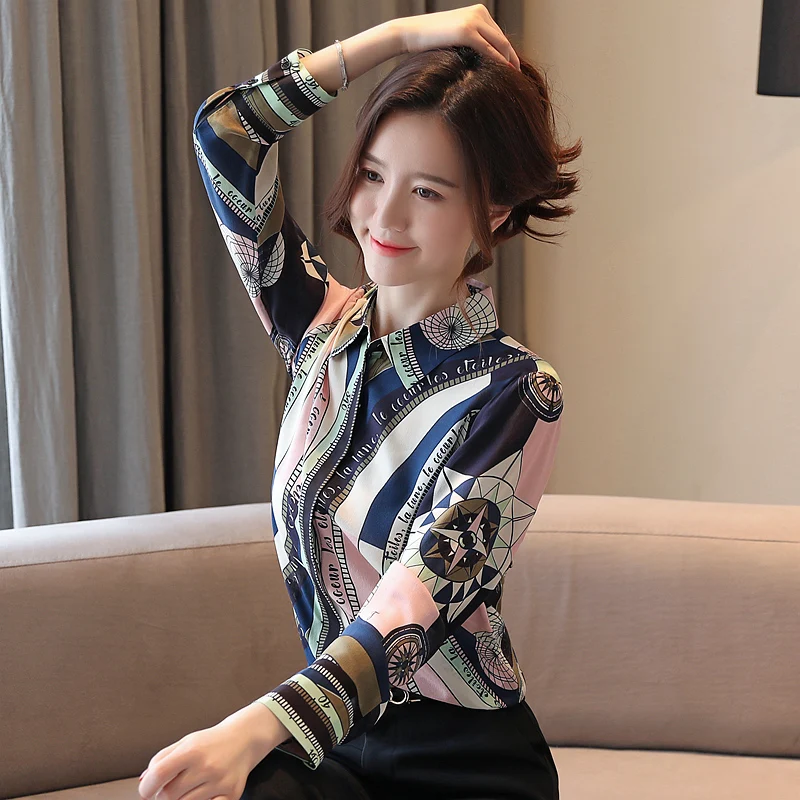 

Chiffon Women's Blouse Print Polo Girl's Shirt Casual Spring Autumn Long Sleeve Top Fashion Clothing Lady Blusas Houthion