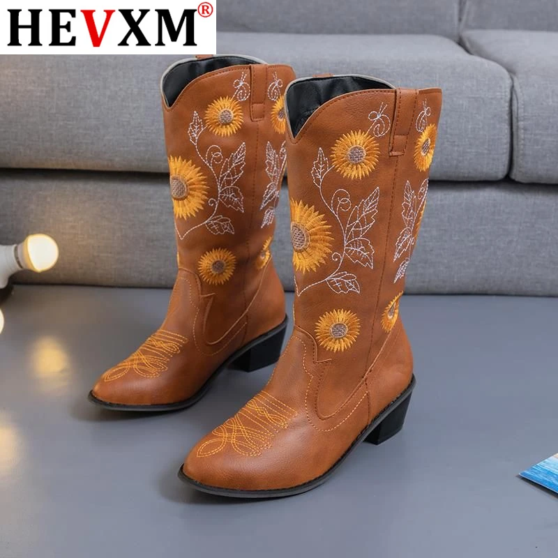 

2020 Classic Embroidered Western Pu Leather Boots for Women Leather Cowgirl Boots Low Heels Shoes Knee High Woman Boots