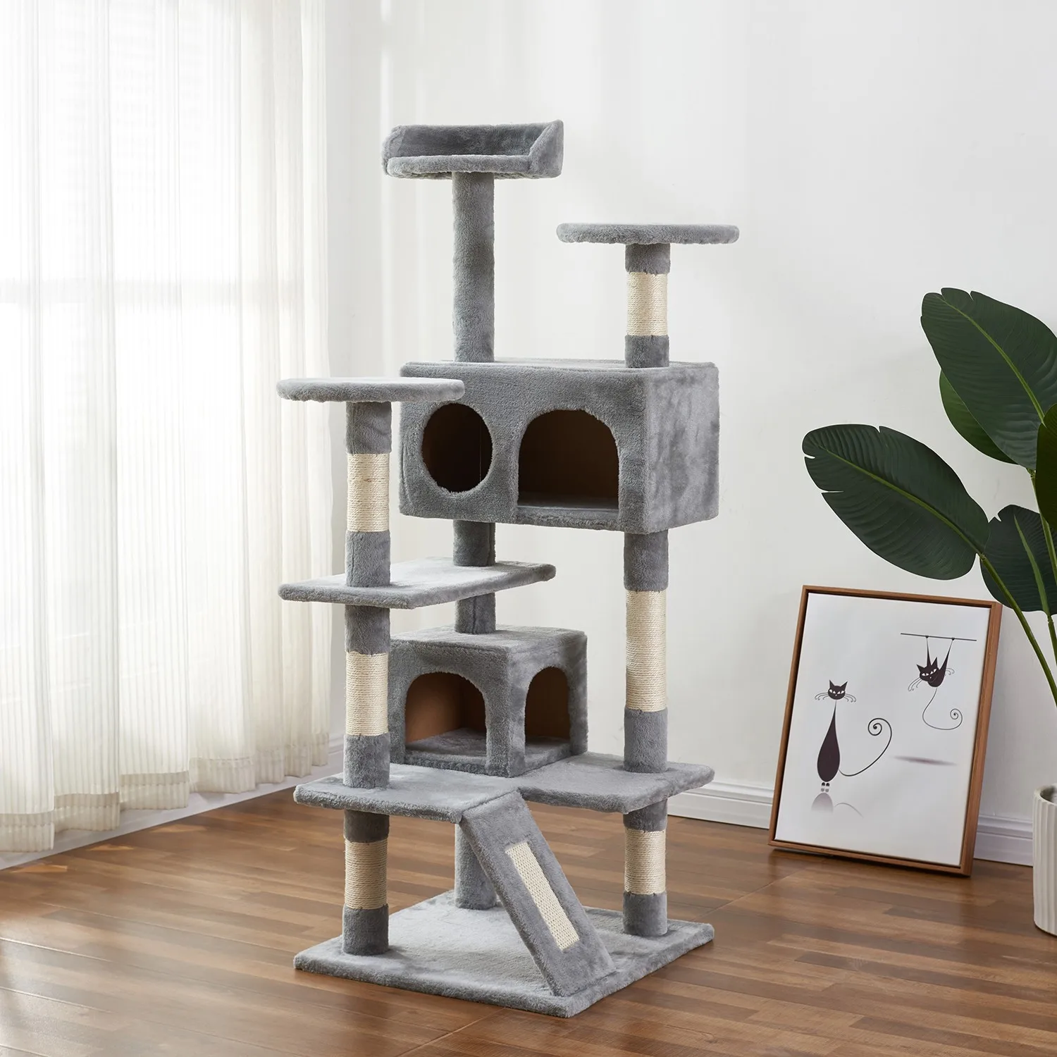 

Cat Tree Apartment with sisal railing sisal rope scraper deluxe double room cat tower furniture, cat activity center cat theater