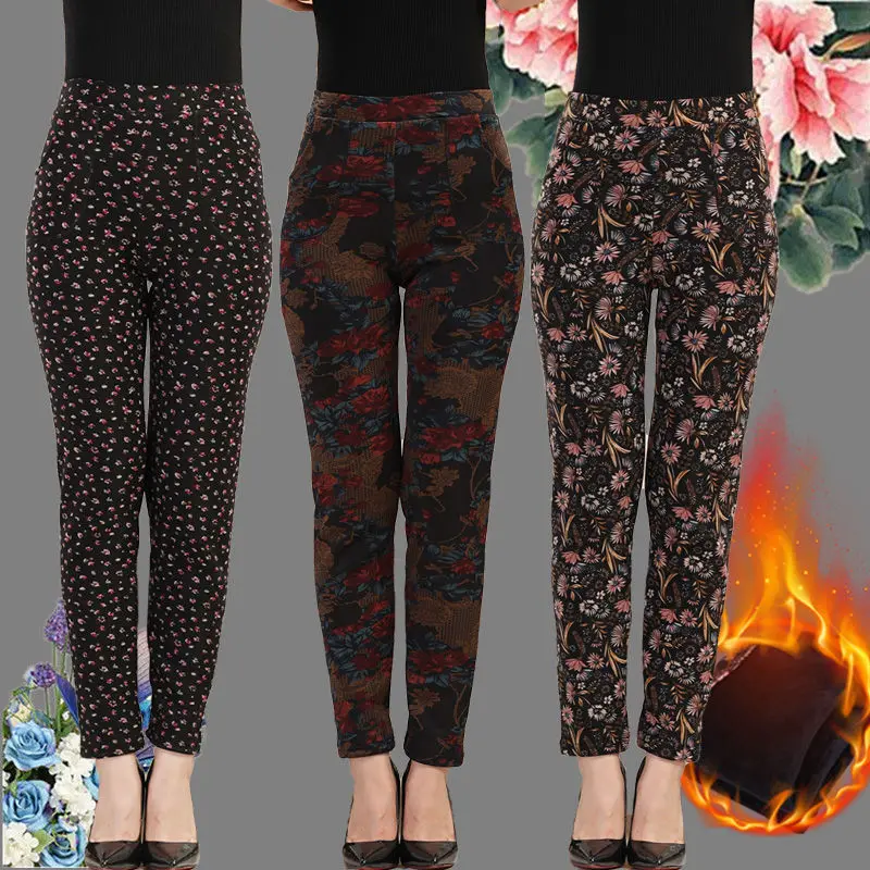 

Женские облегающие брюки среднего возраста, сезон осень-зима 2021, модные эластичные брюки с высокой талией, женские плотные теплые леггинсы ...