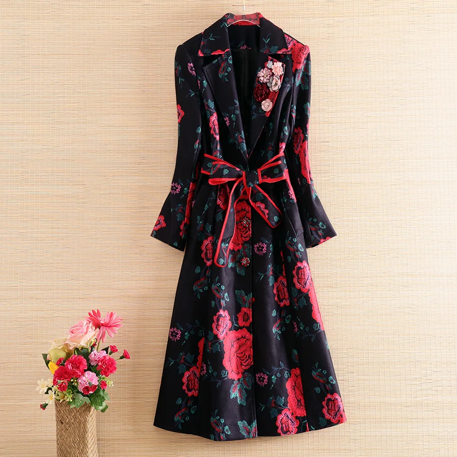 Женский облегающий Тренч с поясом длинное весеннее пальто 3D цветами женское