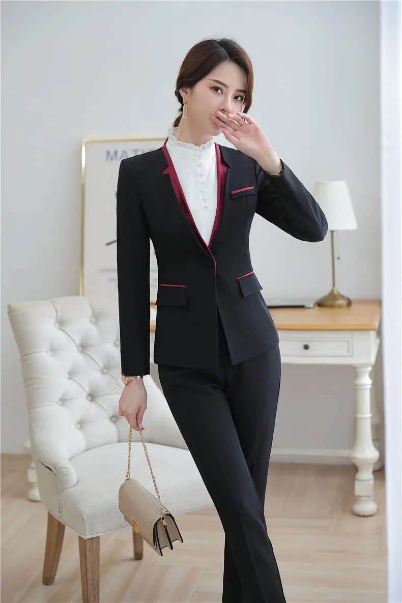 IZICFLY Spring Autumn Slim Ladies Suit with Pant Uniform Designs Two Piece Set Women Elegant Business Blazer and Trouser Black