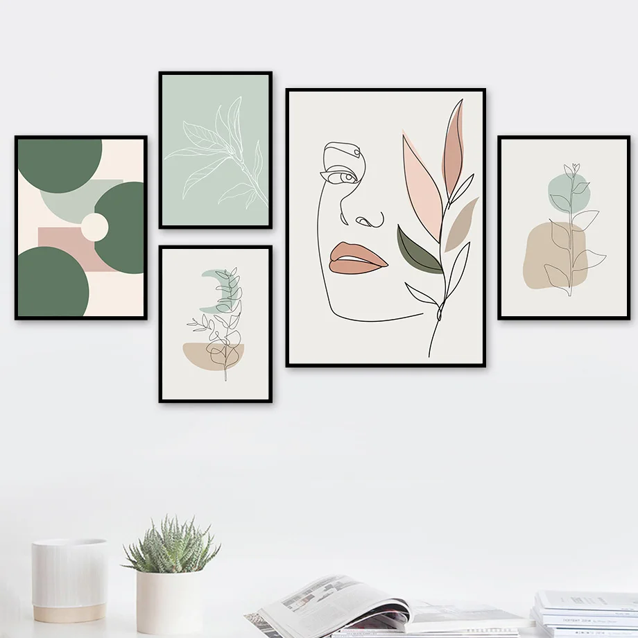 

Abstract Girl Face Curve Geometric Shape Leaf Cactus Wall Art Painting Nordic Posters And Prints Wall Pictures For Living Room