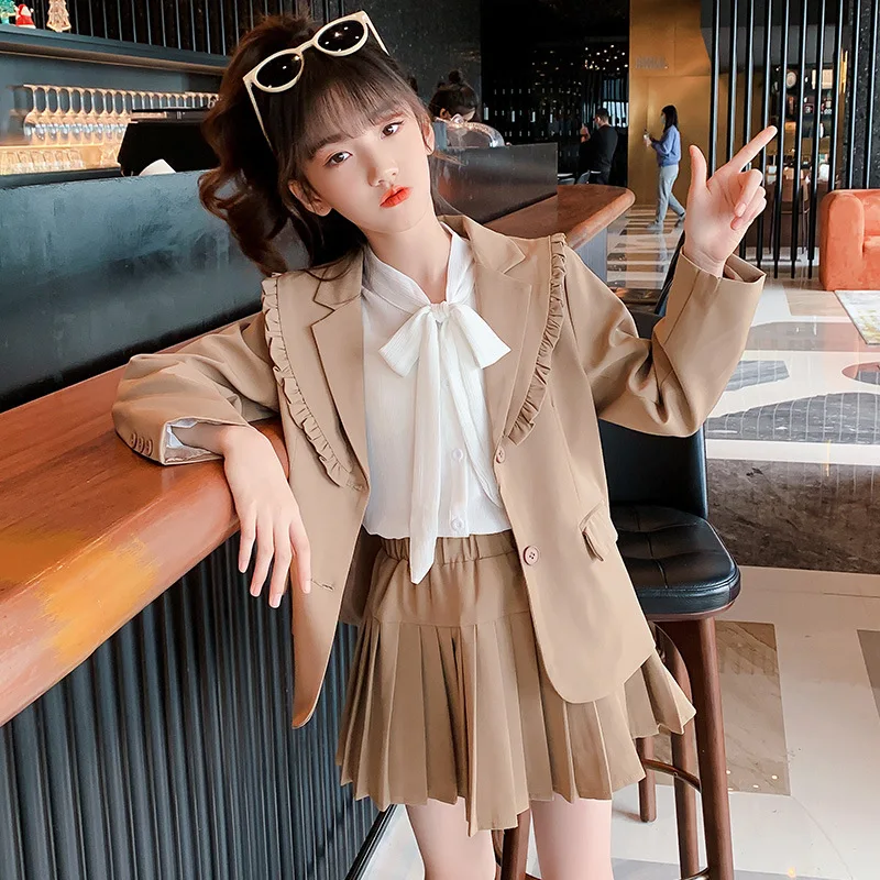 

Girls School Clothing Sets 2022 New Kids Blazer White Shirt Skirt Three-piece Suit Children's Clothing Pink Teen Student Outfits