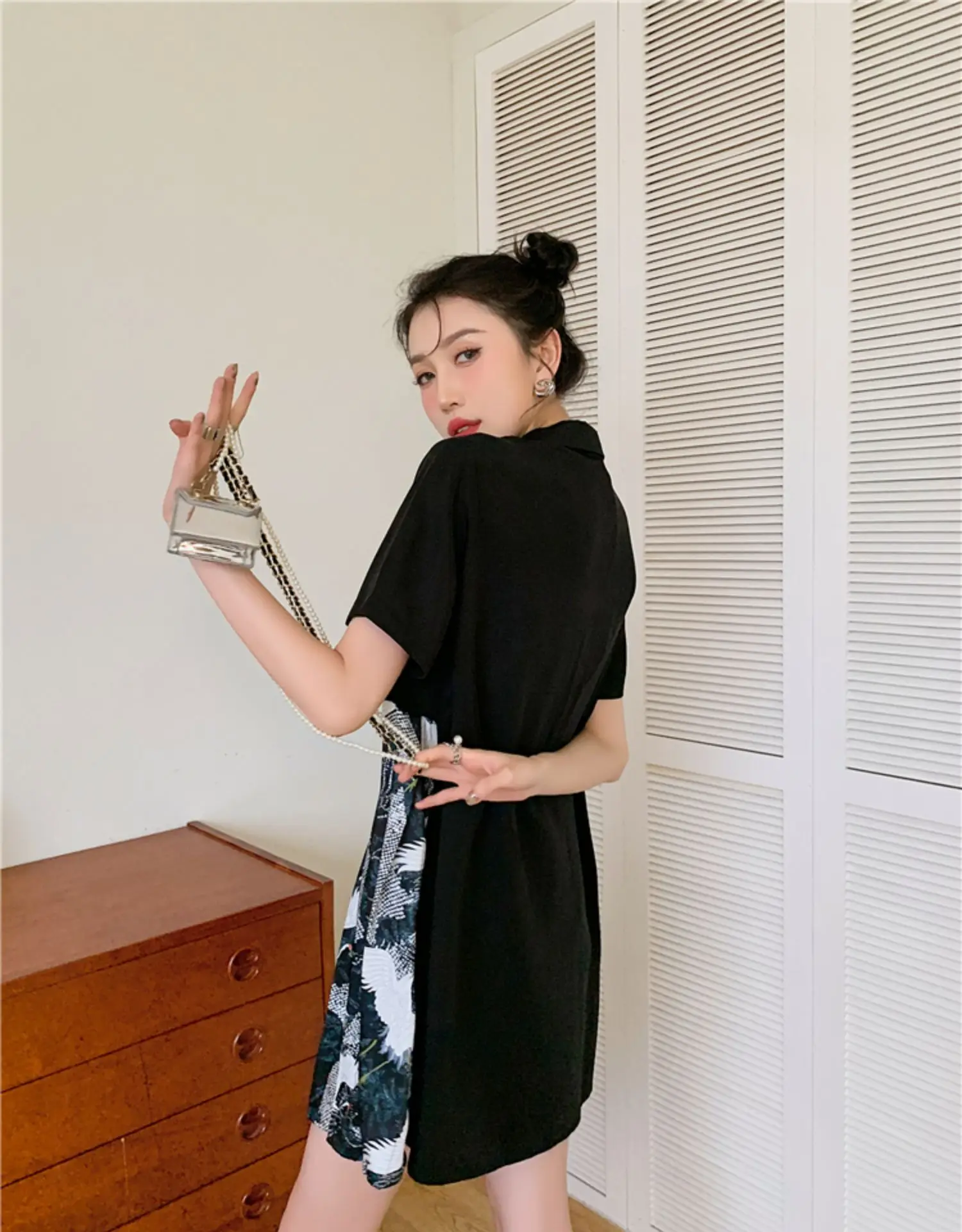 

CHEERART Ukiyoe Crane Short Sleeve Blazer Dress Women Summer 2021 Patchwork Frog Button Vintage Japanese Style Dress Designer
