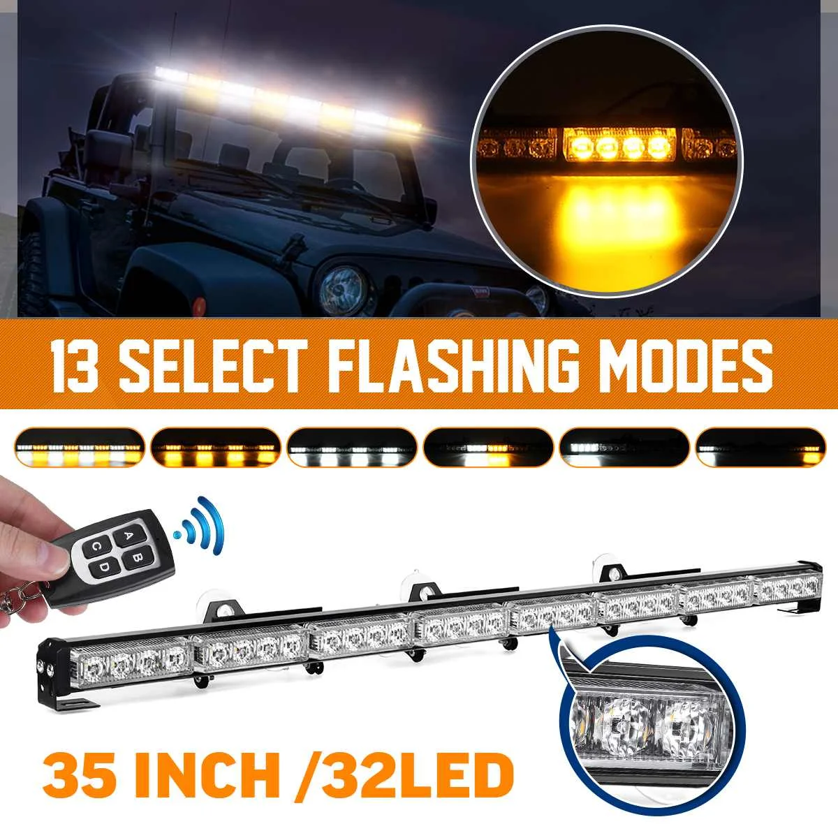 

Remote Control Flashing Warning Light Bar 13 Modes 24/28/32LED Beacon Emergency Strobe Light for Car Truck School Bus Trailer