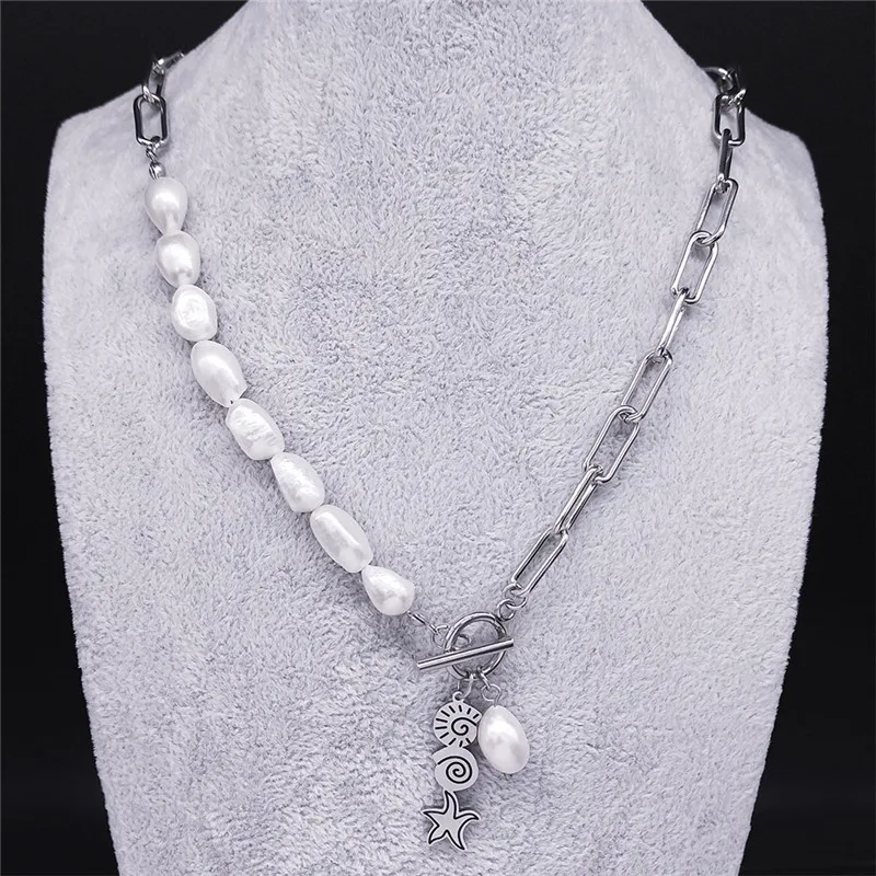 

Vacation Beach Shell Snail Freshwater Pearls Stainless Steel Silver Color Chocker Necklace Women Jewelry collares mujer N3725S01