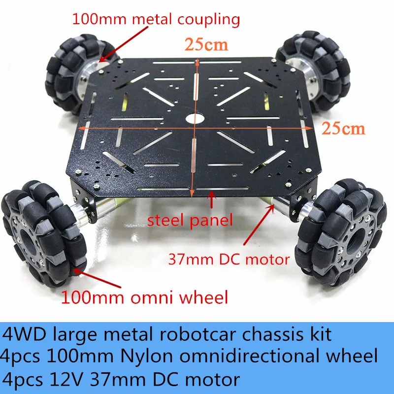 

4WD Large Metal Smart Robot Tank Car Chassis Kit 100mm Nylon Omnidirectional Wheel High Hardness Steel Panel 20kg Heavy Load DIY