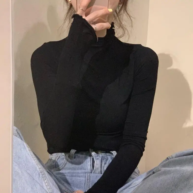 

Slim Fit Top Long Sleeve Women's Knitting Bottoming Shirt Half High Collar Candy Sexy Spring & Autumn Ins Tide Thin Pile Collar