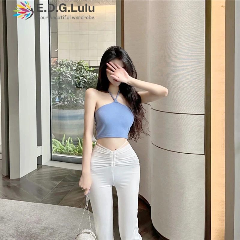 

EDGLuLu 2 Pieces Women Set Solid Lace-up Halter Sleeveless Short Tops+High Waist Wide Leg Long Pants Summer Casual Outfits 0527