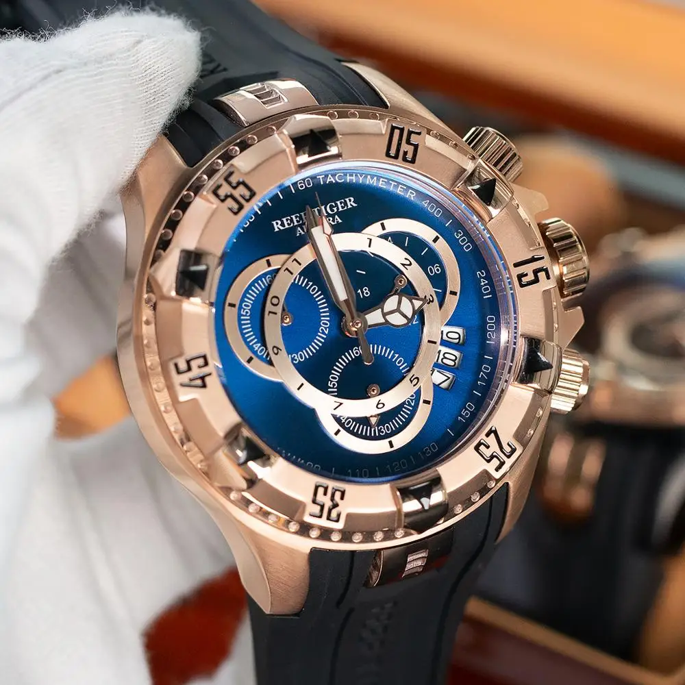 Спортивные мужские часы Reef Tiger/RT полностью синие розовое золото с большой датой