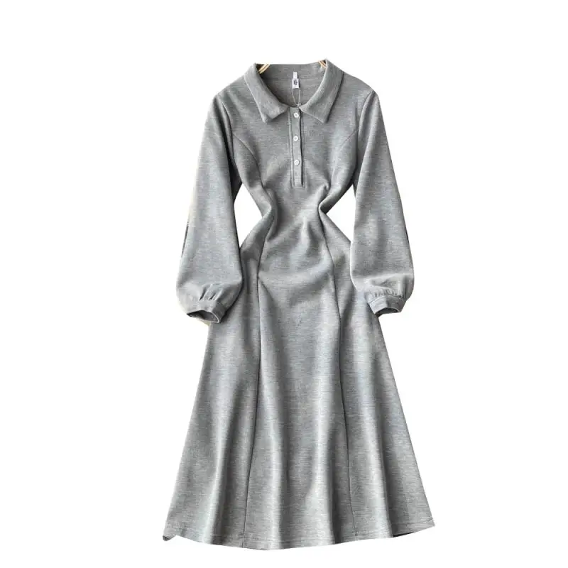 

WIGADFHK 2021 Lapel Long Sleeve Casual Dress Fall Women's Fashion Streetwear Pure Color Party Clothing