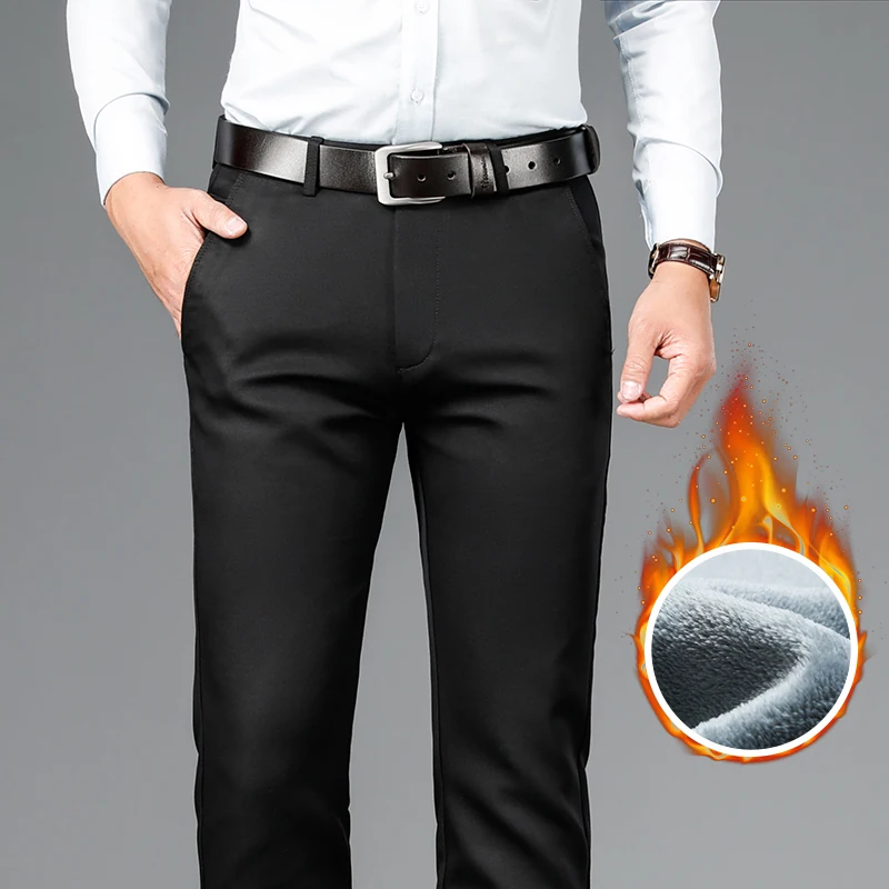 

2021 Classic Pocket Embroidery Men's Straight Slim Winter Casual Pants Fleece Thick Warm Young Gentleman Brand Pants