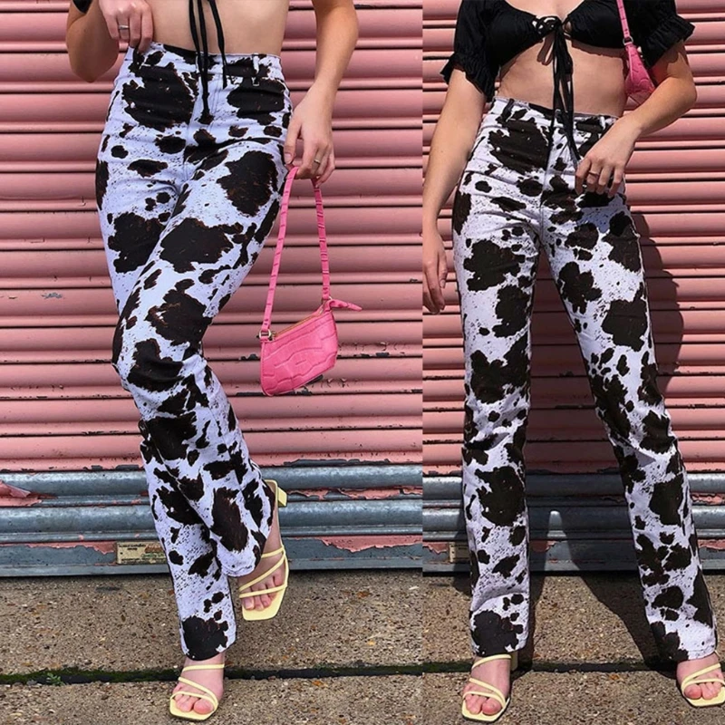 

Women Boho Stretchy Animal Milk Cow Print Long Pants High Waisted Straight Trousers Harajuku Vintage 90s Autumn Casual Streetwea