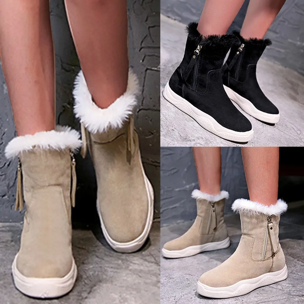 Women Winter Fur Warm Super Boots Ladies Suede Booties Ankle Boot Plush lining Shoes Solid Color Retro Sports | Обувь