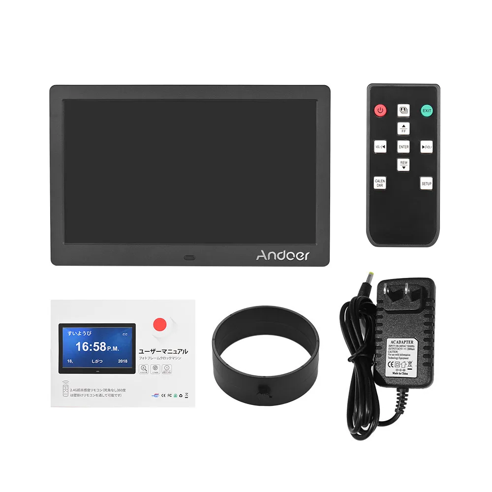 Andoer 10 дюймов 1024*600 ips цифровые часы будильник календарь и фоторамка с 2,4G Ультра-чувствительный пульт дистанционного управления - Цвет: Black