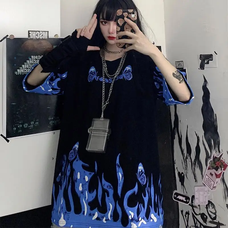 Черные футболки с рисунком огня модная футболка уличная одежда летняя крутая для