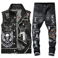 2021 mens motorcycle sets washed black embroidered skull two piece set cowboy vest frayed tiger badge stretch hole jeans