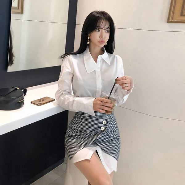 

Women White Long Shirts Two Piece Sets Long Sleeve Blouse + Mini Plaid skirts Suits Fashion OL Clothing Set