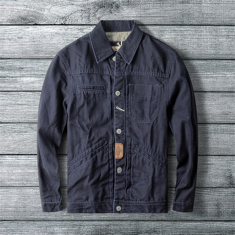 Куртка джинсовая мужская в стиле Харадзюку винтажная темно-синяя с большими