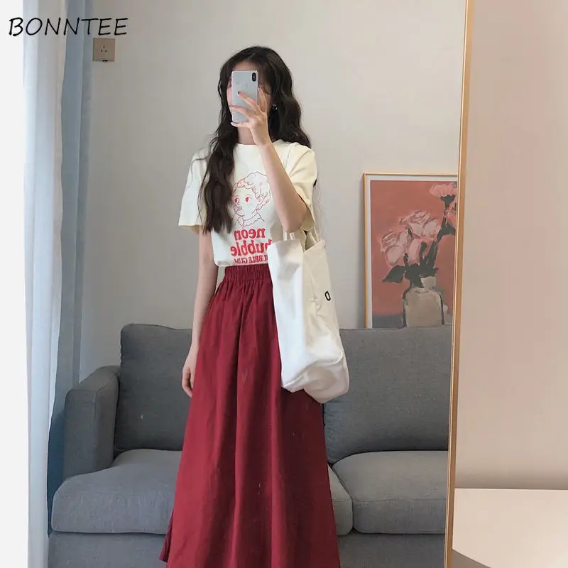 

Dress Sets Women Simple Fresh Korean Preppy Style Sweet Summer Basic Solid Color O-neck Tees Elastic Waist Mid-calf Folds Girls