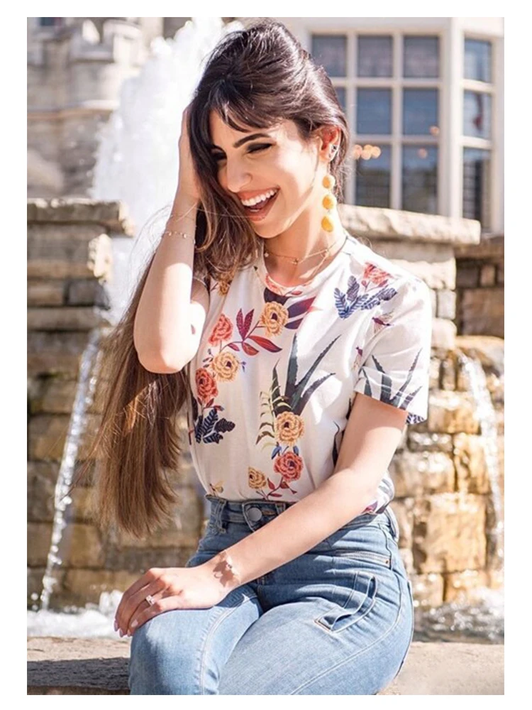 Dotfashion белая футболка с цветочным принтом и растениями для женщин летняя повседневная одежда с коротким рукавом модные топы уличная футболка