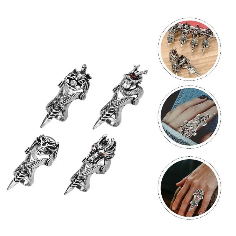 

4pcs Punk American Style Rings Dragon Skull Rings Hand Decors Stylish Hand Wears