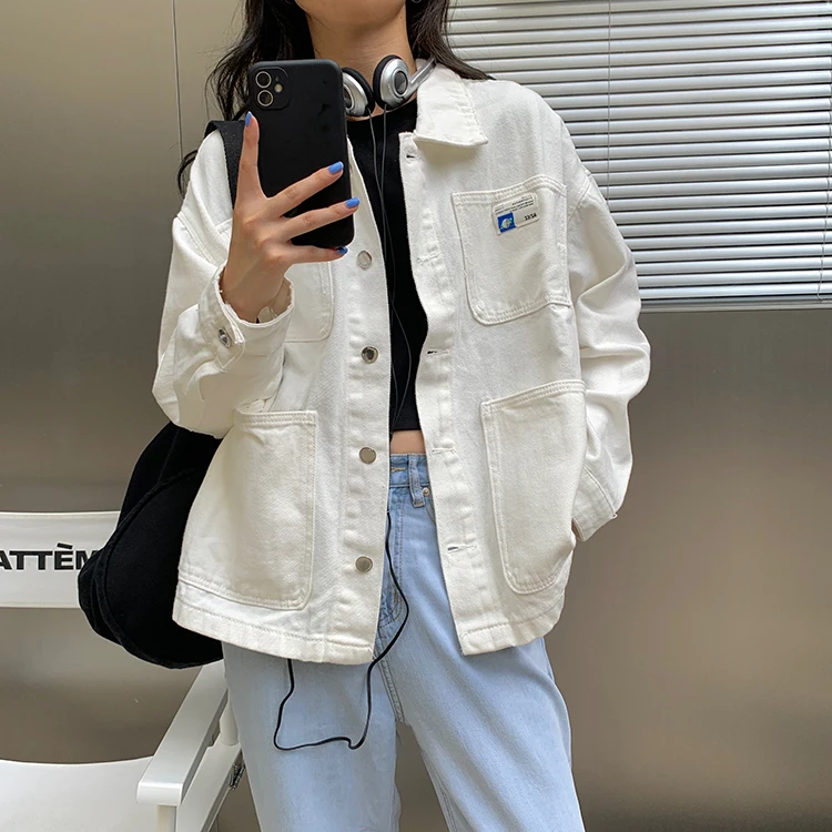

4 Color New Spring Vintage Denim Jacket Female Small Badge Multi-pocket Women Jackets Harajuku Kawaii Oversized Coat Mujer