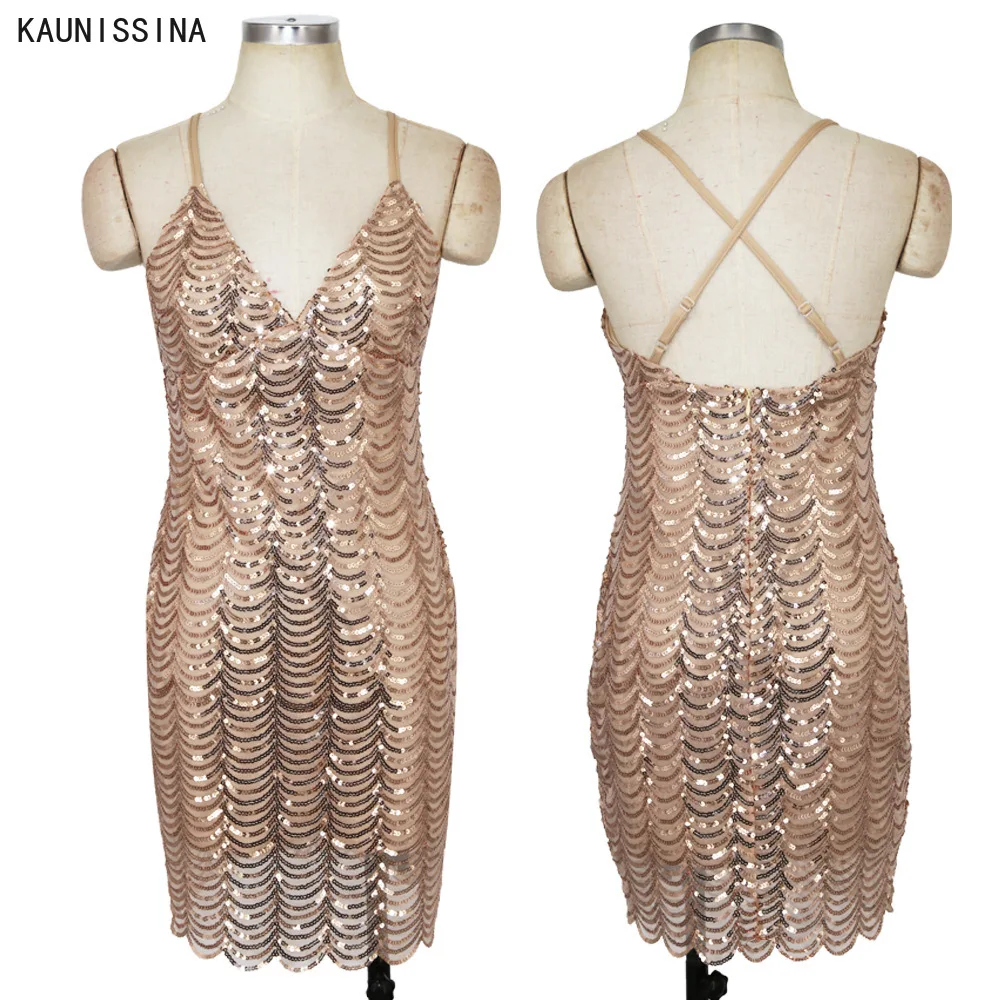 

Sexy Women Deep V-neck Sequined Party Dress Spaghetti Strap Shiny Hip Package Bodycon Cocktail Dresses Mini Club Vestidos